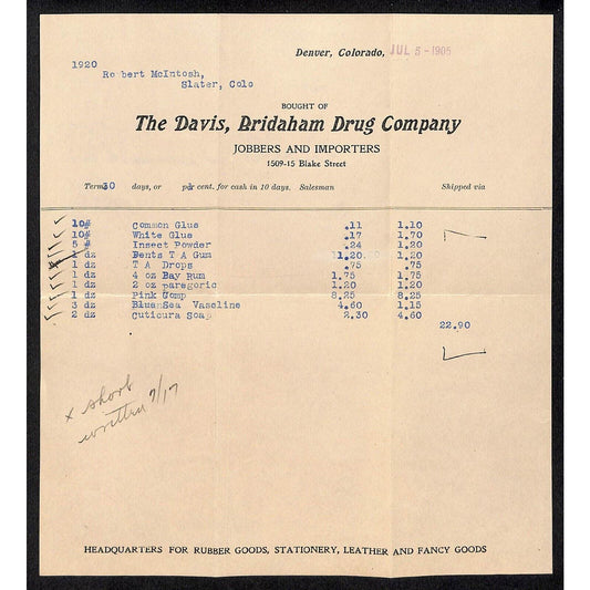 Denver, CO Davis, Bridaham Drug Company 1905 Billhead