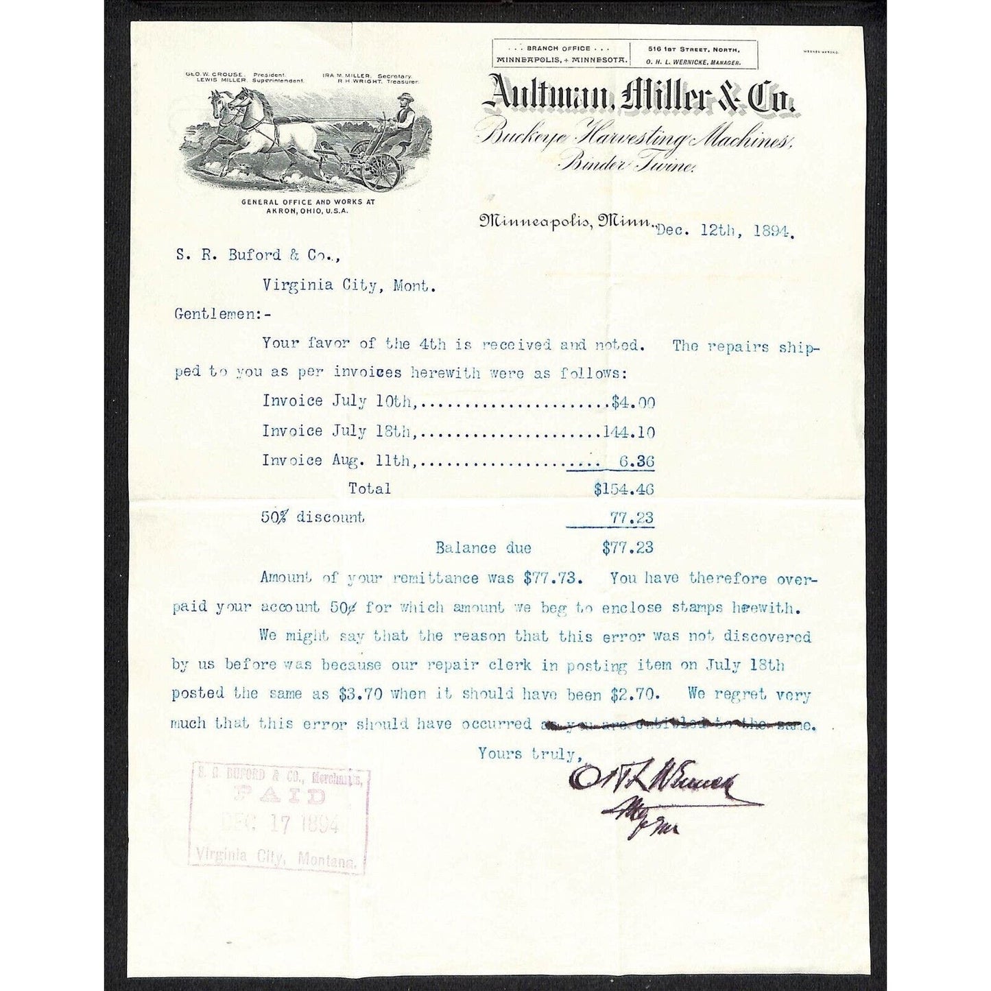 Aultman, Miller & Co. Buckeye Harvesting Akron, OH 1894 Letterhead S.R. Buford*