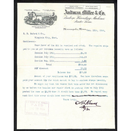 Aultman, Miller & Co. Buckeye Harvesting Akron, OH 1894 Letterhead S.R. Buford*