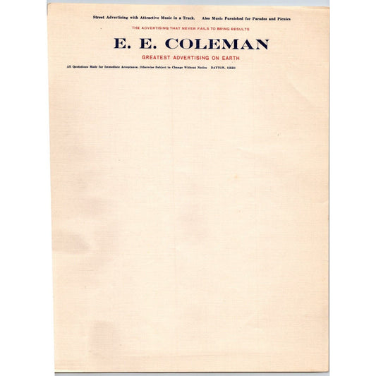 E.E. Coleman's (Circus) Letterhead c1931 Music Truck Advertising Dayton, OH