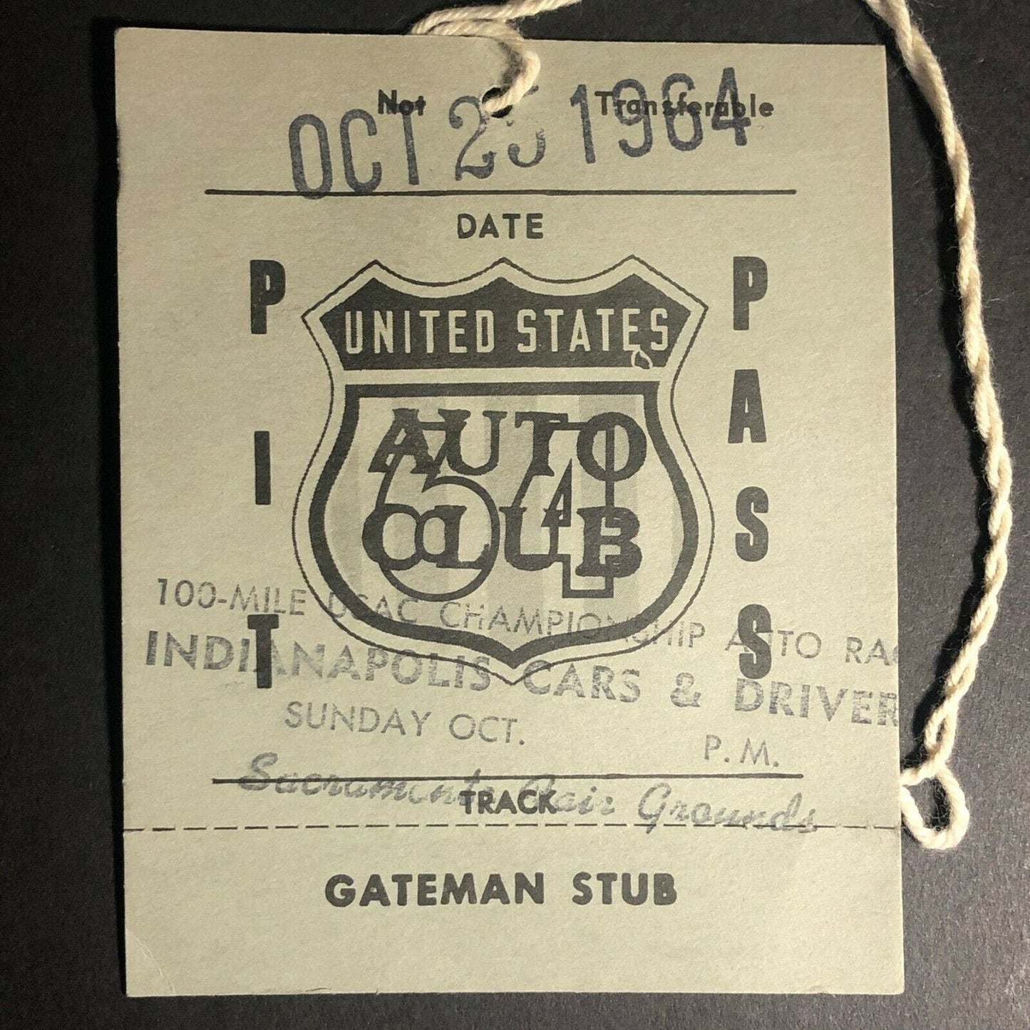 Vintage USAC 100-Mile Championship Sacramento Pit Pass Oct 25 1964