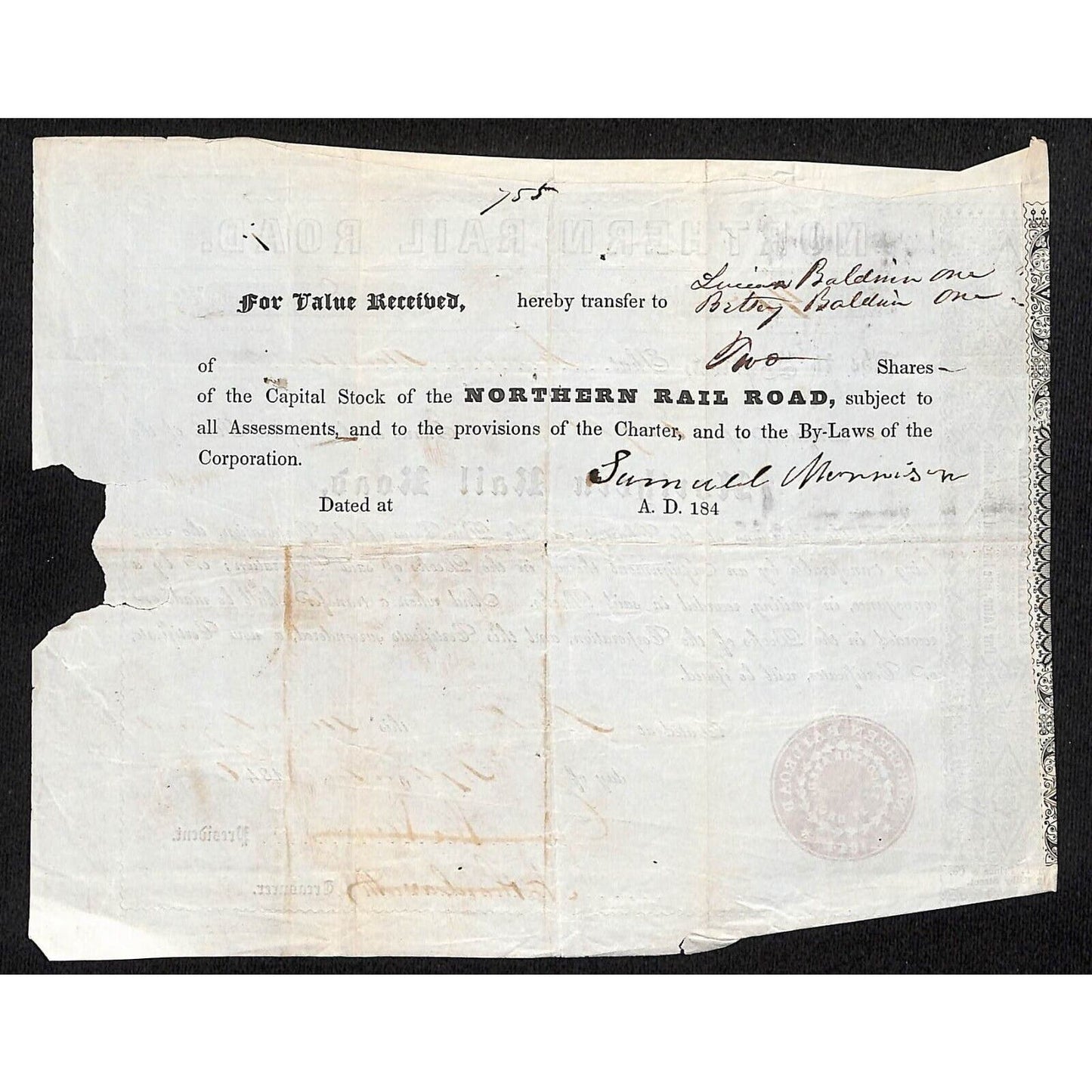1846 Boston MA Northern Railroad Stock Certificate LOW No. 91 for 8 Shares