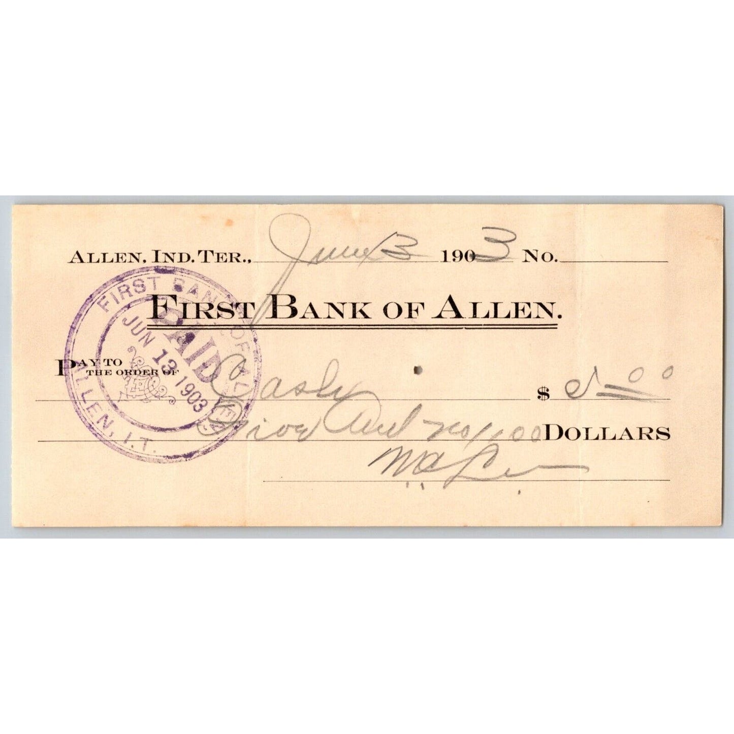 Allen, OK 1903 Indian Territory "First Bank of Allen" Check - Scarce