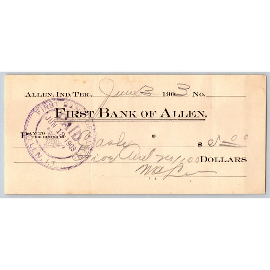 Allen, OK 1903 Indian Territory "First Bank of Allen" Check - Scarce