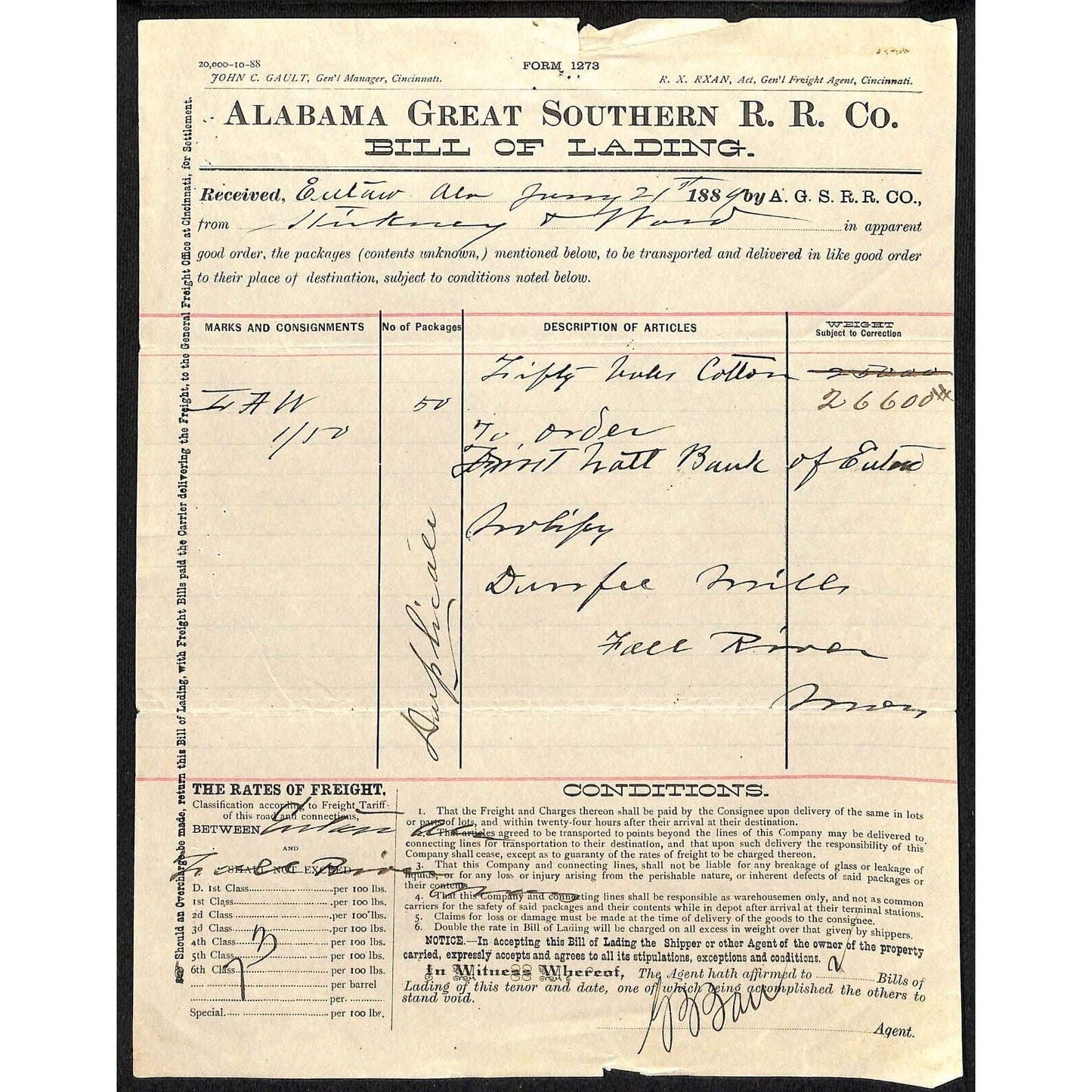 Alabama Great Southern Railroad 1889 Bill of Lading 26,600 Lbs. Cotton Scarce