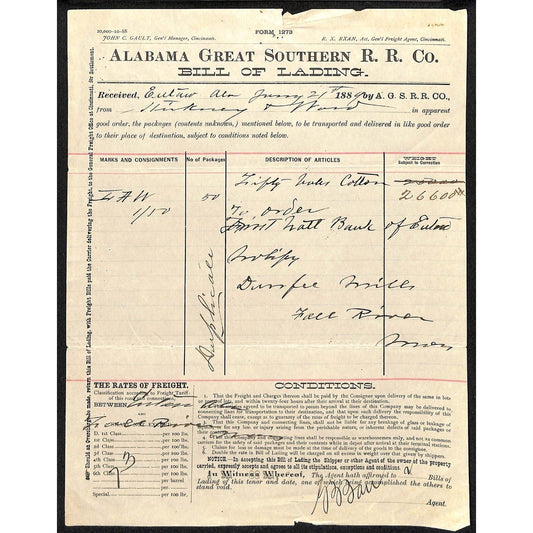 Alabama Great Southern Railroad 1889 Bill of Lading 26,600 Lbs. Cotton Scarce