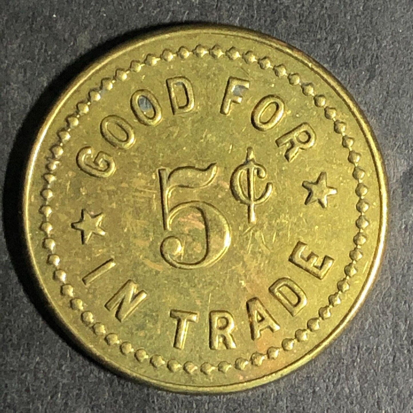 Wiley's Place -- Hillsboro Oregon G/F 5c Brass Trade Token "W" 22mm