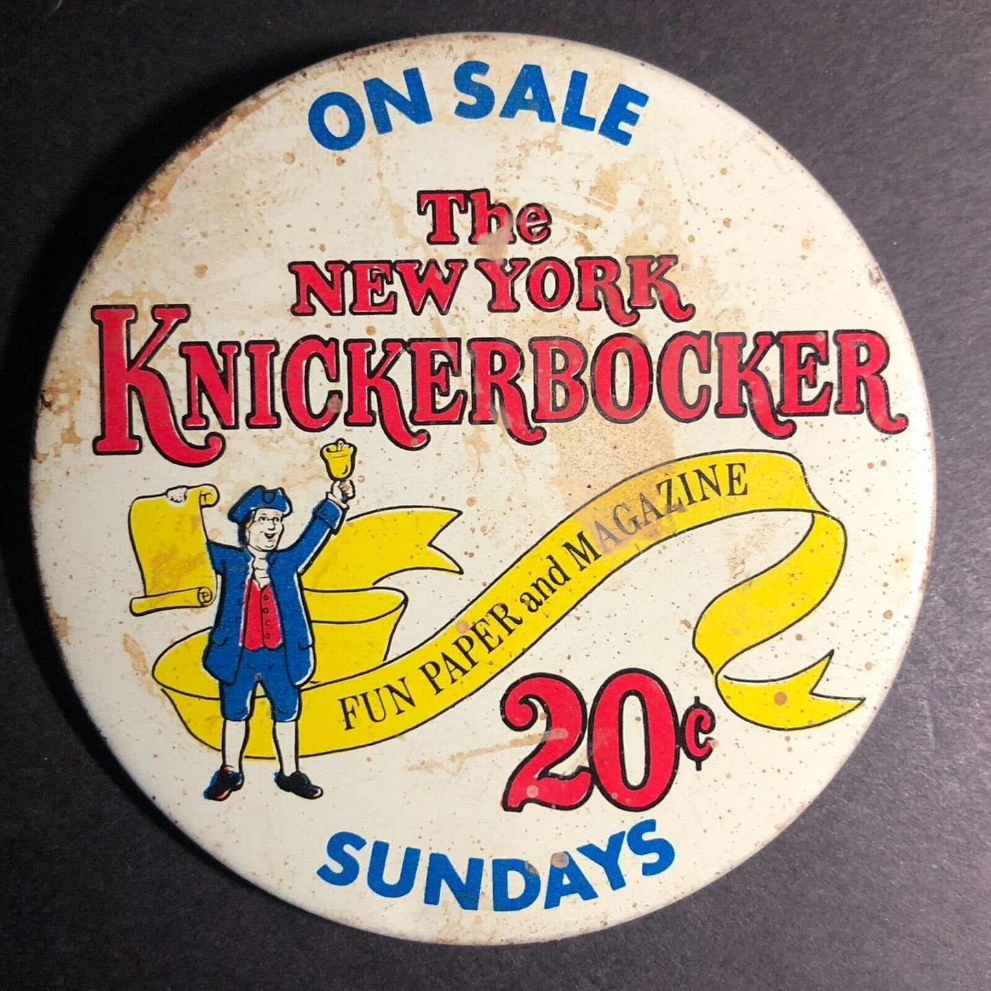New York Knickerbocker 20c Sunday's Fun Paper Vintage Steel Pinback c1968