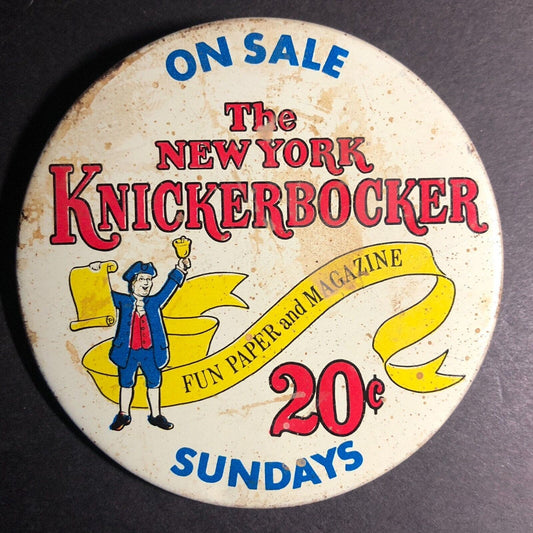 New York Knickerbocker 20c Sunday's Fun Paper Vintage Steel Pinback c1968