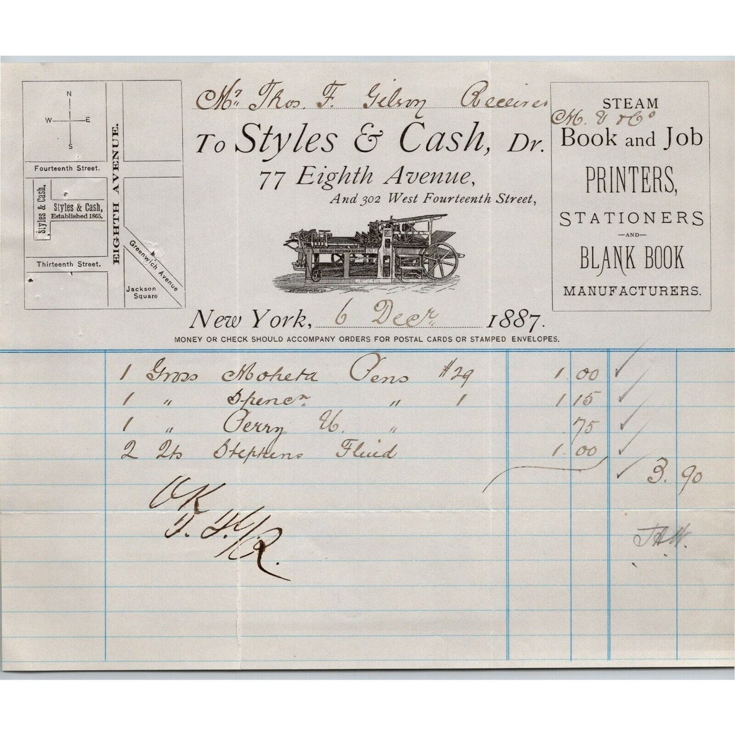 1887 Styles & Cash Stationers Book Printers Billhead Letterhead 77 8th Ave NYC