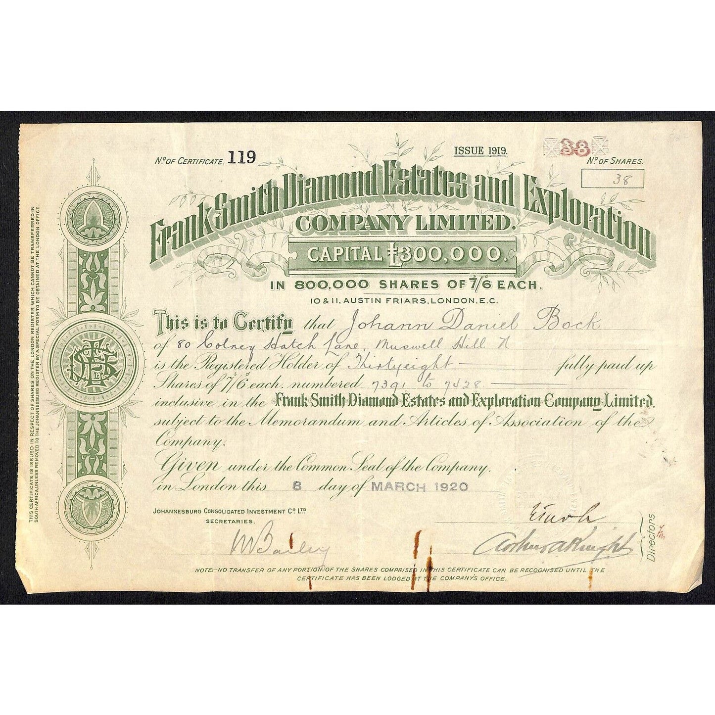 Frank Smith Diamond Estates and Exploration 1920 Stock Certificate South Africa