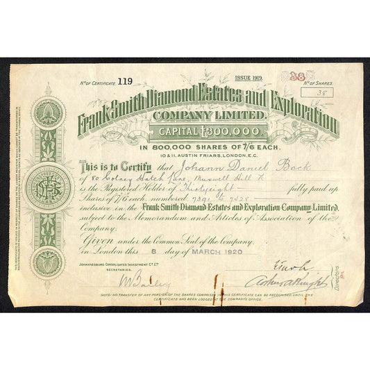 Frank Smith Diamond Estates and Exploration 1920 Stock Certificate South Africa