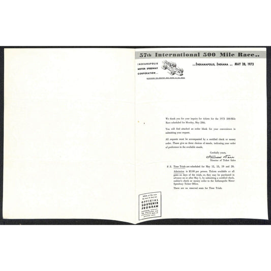 1973 Indy 500 Indianapolis IMS Unused Ticket Info Order Form Sheet w/ Map Scarce