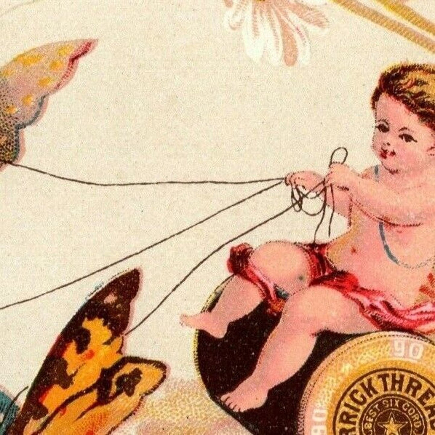 Victorian Trade Card Merrick Thread Cherub Rides Spool Tethered to Butterflies