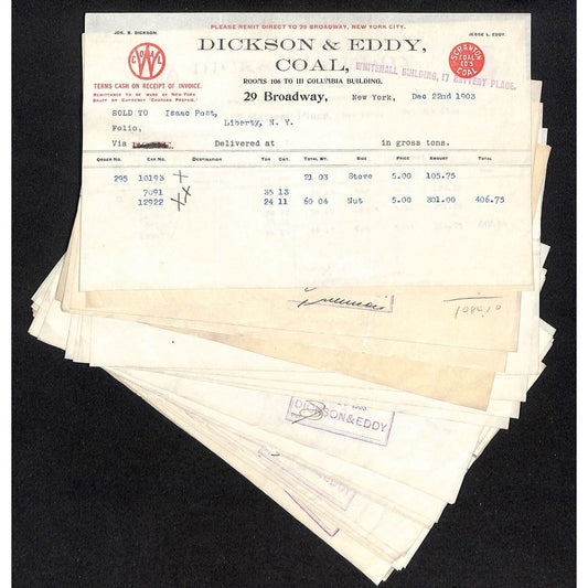 Dickson & Eddy Scranton Coal - 17 Battery Place, NYC (25) Mostly 1903 Billheads