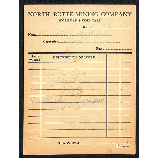North Butte Mining Company Workman's Time Card Montana Scarce