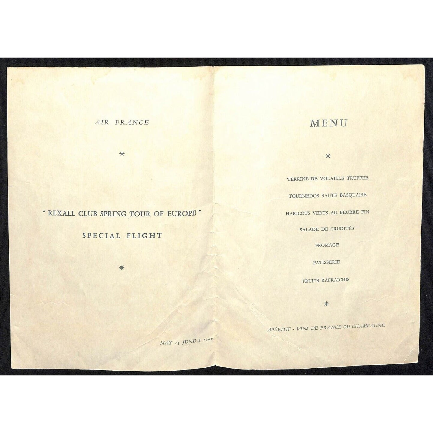 1962 Air France Menu Rexall Club Spring Tour of Europe w/ "Madagascar" Art
