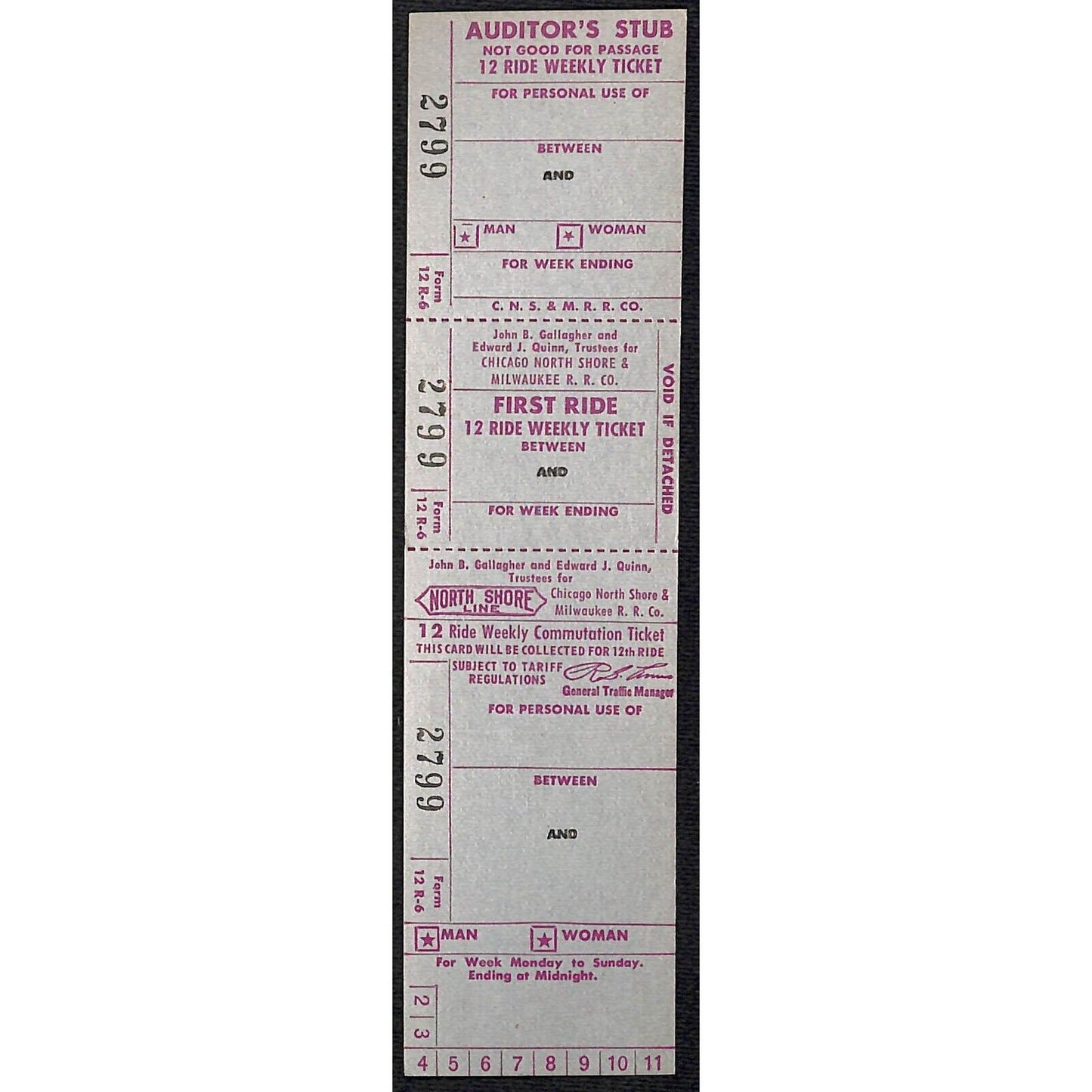 Chicago North Shore & Milwaukee Railway (Write In) NOS 12 Ride Ticket #2799