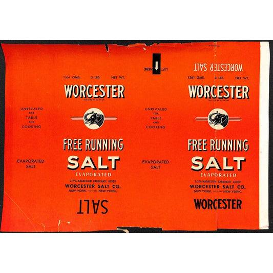 Worcester Free Running Salt Paper Label New York, NY 1948 w/ Elephant w/ Tears