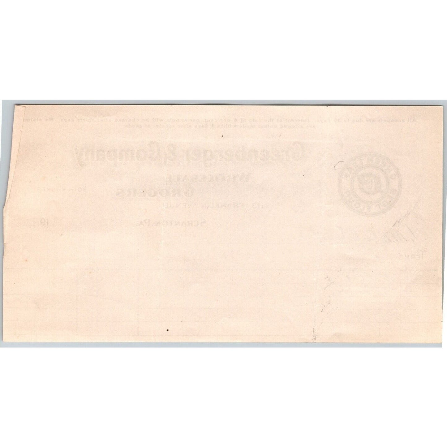 Scranton, PA Greenberger & Co. Grocers 1918 "C.B. Engel" Billhead Flour