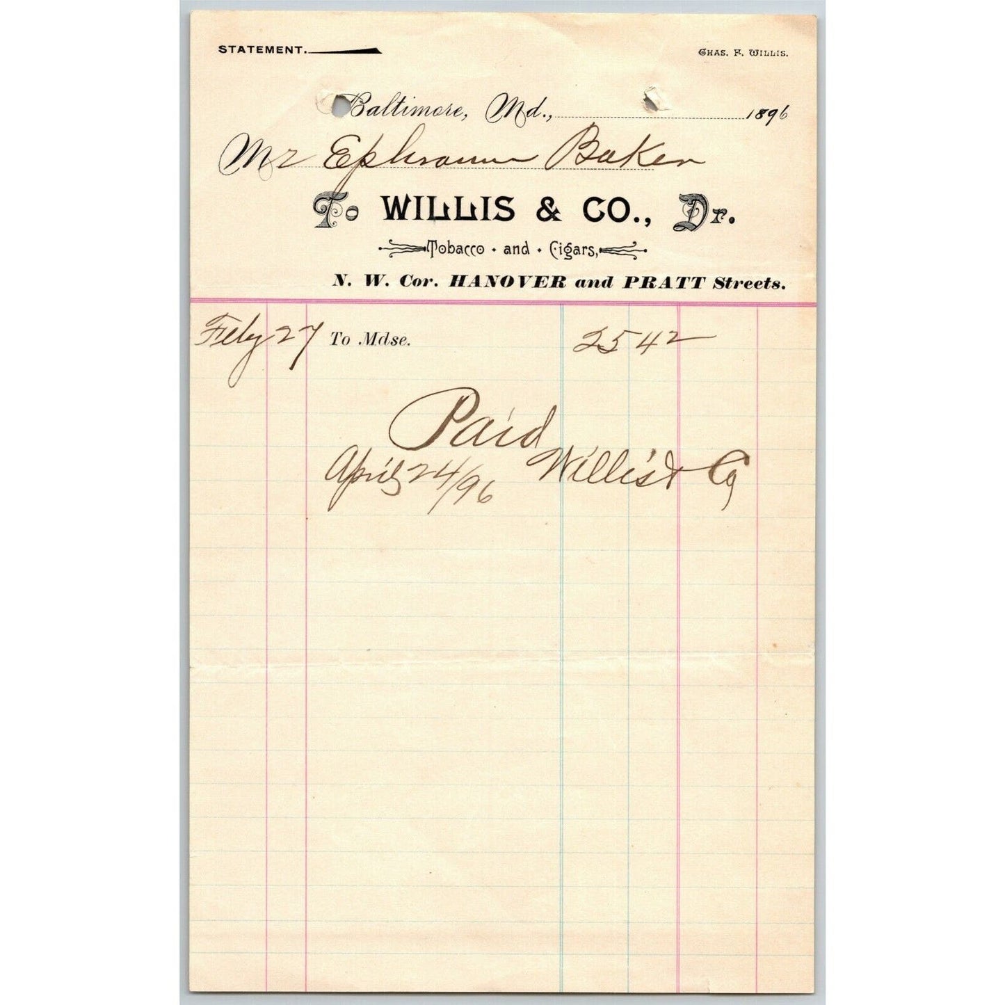 1896 Letterhead Billhead Willis & Co. Tobacco Cigars Baltimore Ephraim Baker*