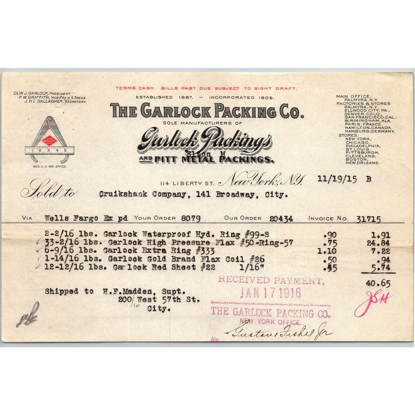 1915 "The Garlock Packing Co." Metal Billhead Letterhead 114 Liberty St., NYC