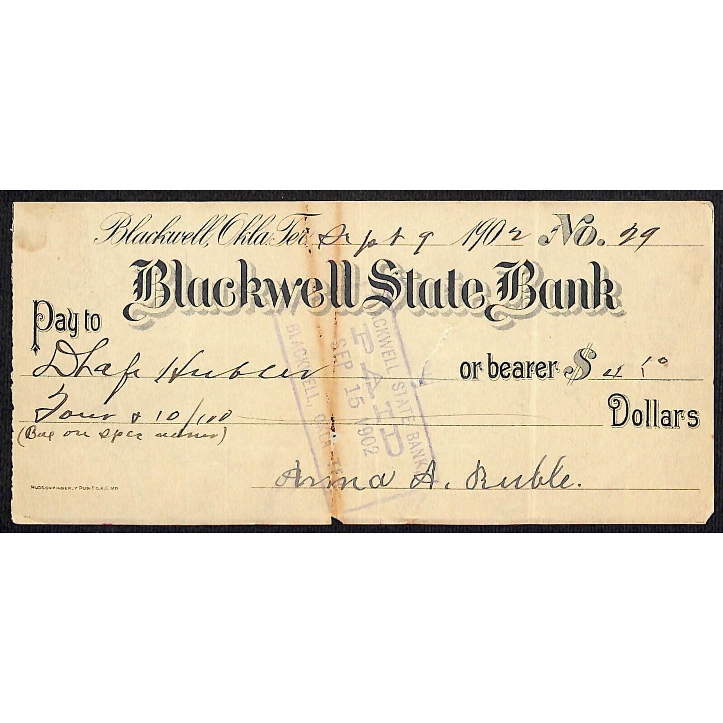 Blackwell, OK 1902 Territorial "Blackwell State Bank" Check - Scarce