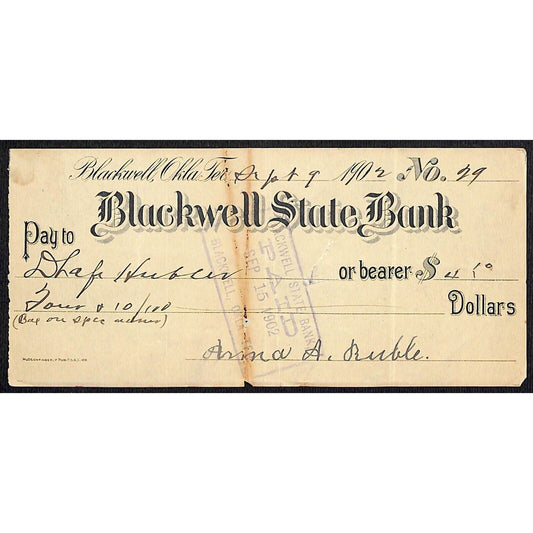 Blackwell, OK 1902 Territorial "Blackwell State Bank" Check - Scarce