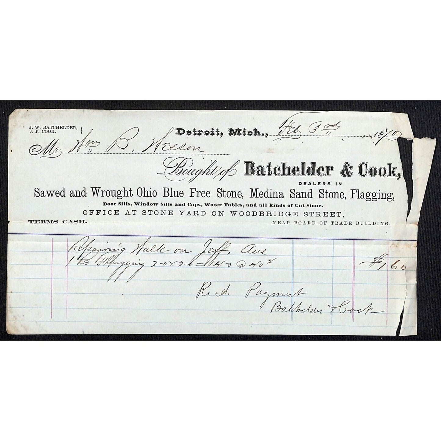Detroit Letterhead - Batchelder & Cook Dealers in Ohio Blue Free Stone - 1870