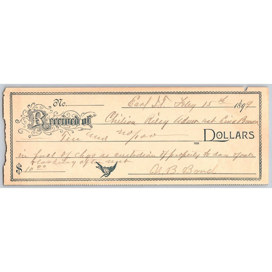 Earl, OK Indian Territory 1899 Bank Check Format Receipt - Very Scarce