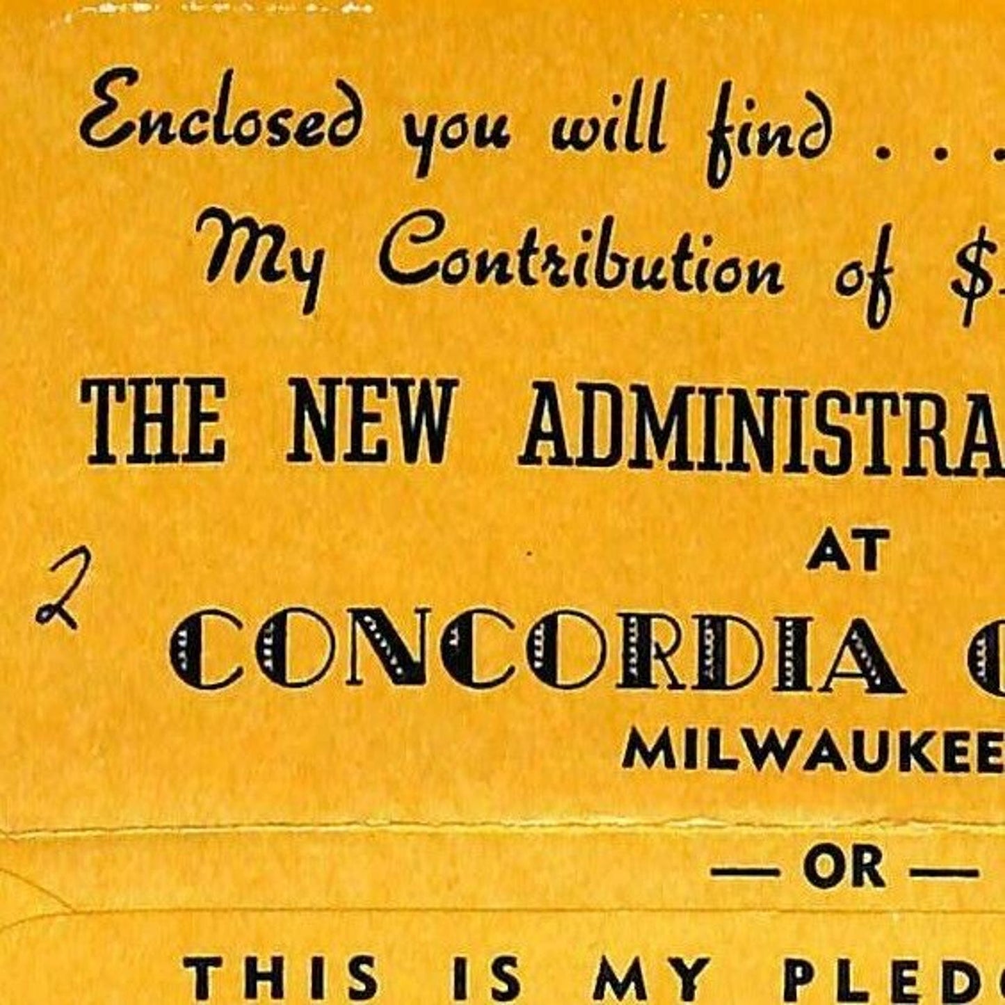 c1940's Concordia Collage Milwaukee New Administration Building Pledge Envelope