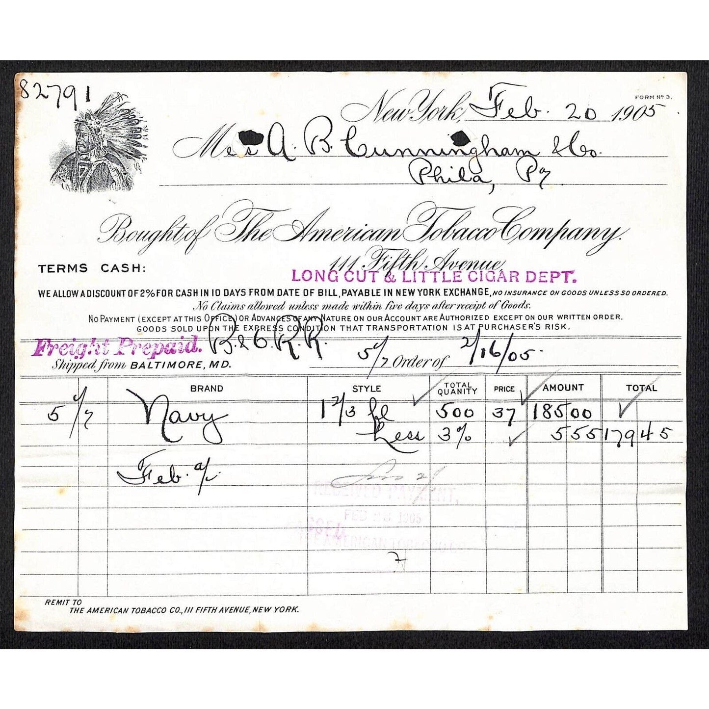 American Tobacco Co. 5th Ave NYC / Cunningham Co. 1905 Billhead w/ Indian Chief