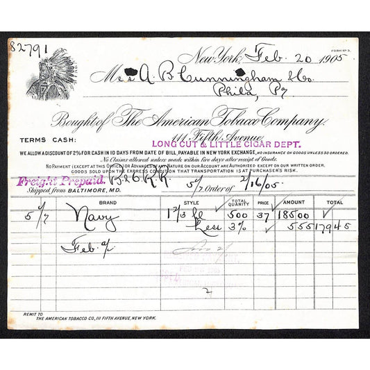 American Tobacco Co. 5th Ave NYC / Cunningham Co. 1905 Billhead w/ Indian Chief
