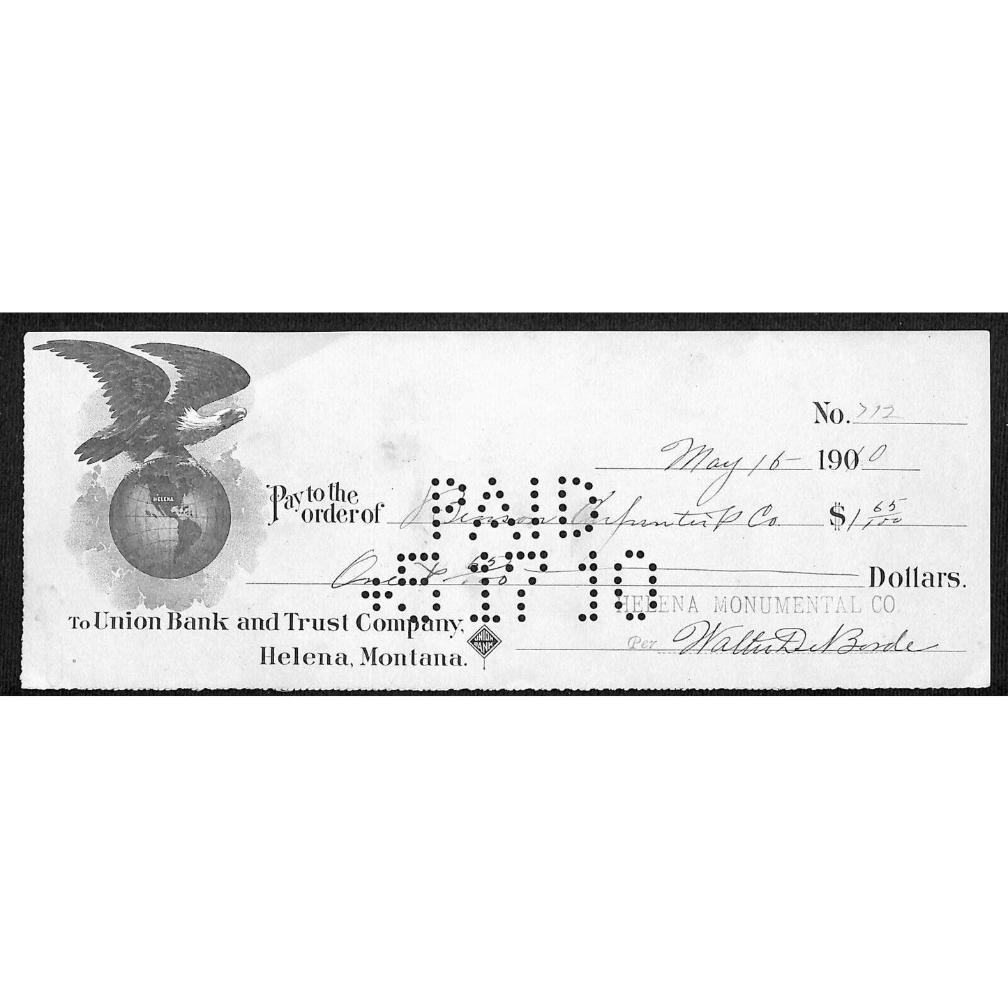 Helena Montana Union Bank and Trust Co 1910 Payment Receipt Eagle Globe Vignette