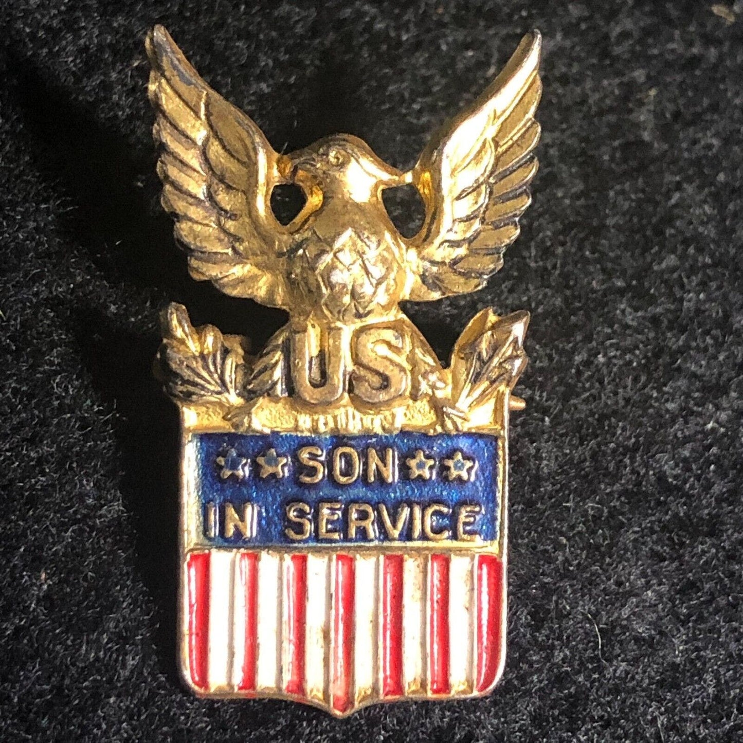 Vintage "Son In Service" Military Eagle Flag Shield Lapel Pinback - Sterling