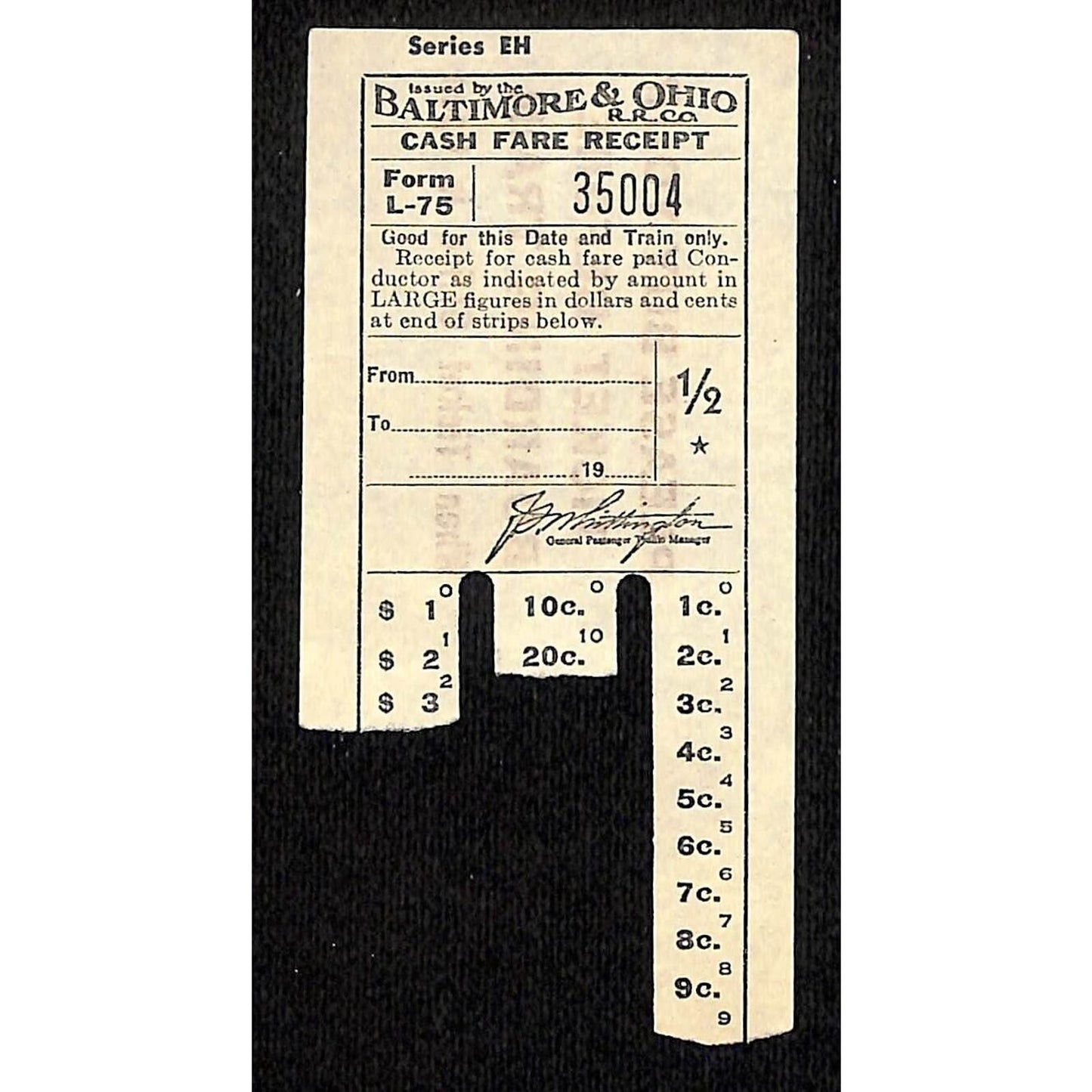 Baltimore & Ohio Railroad c1920's Ticket / Cash Fare Receipt #35004 Scarce