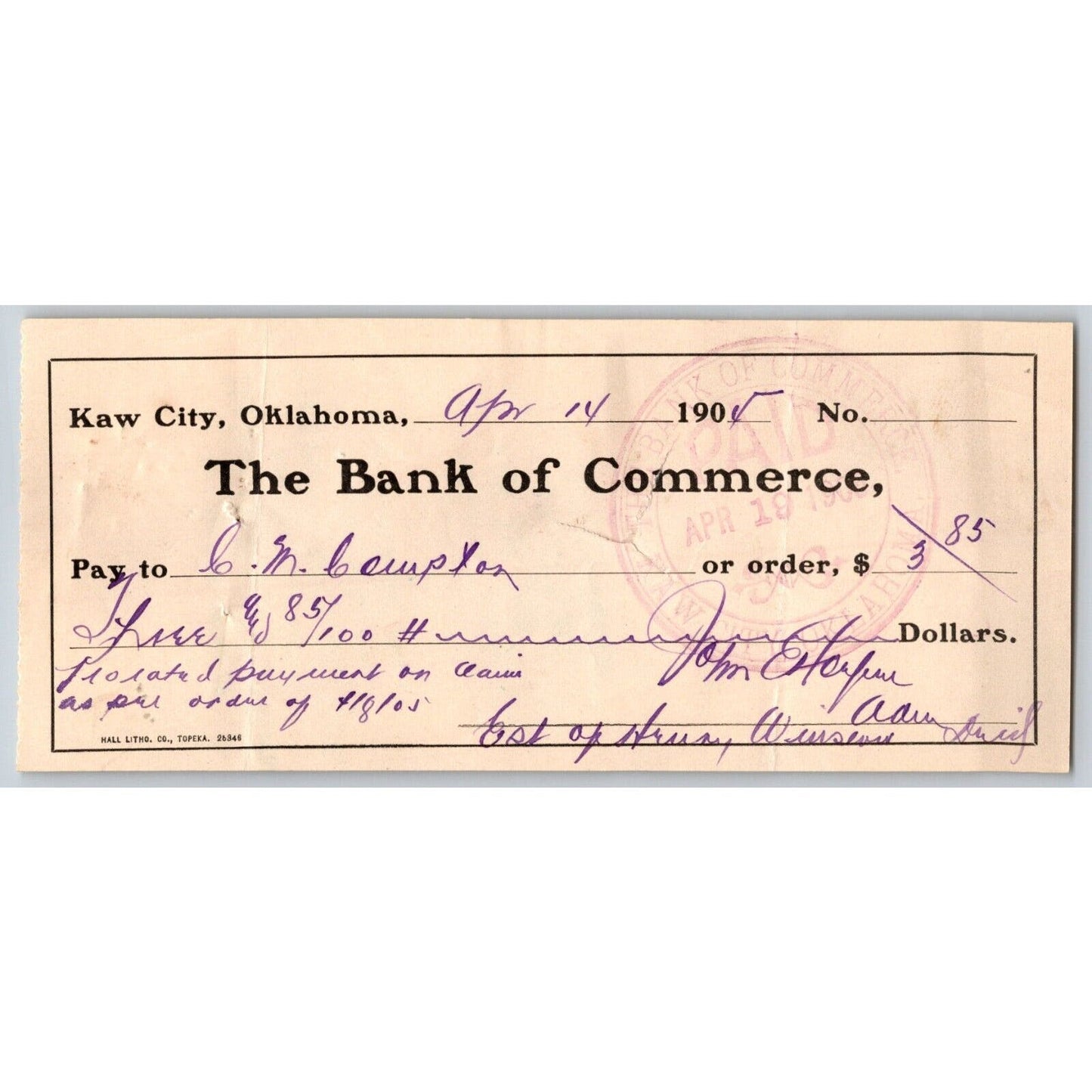 Kaw City, Oklahoma Territorial 1905 Bank of Commerce Check - Scarce