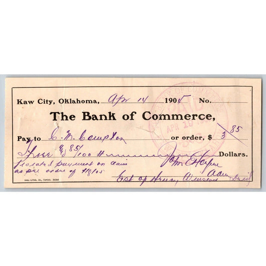 Kaw City, Oklahoma Territorial 1905 Bank of Commerce Check - Scarce