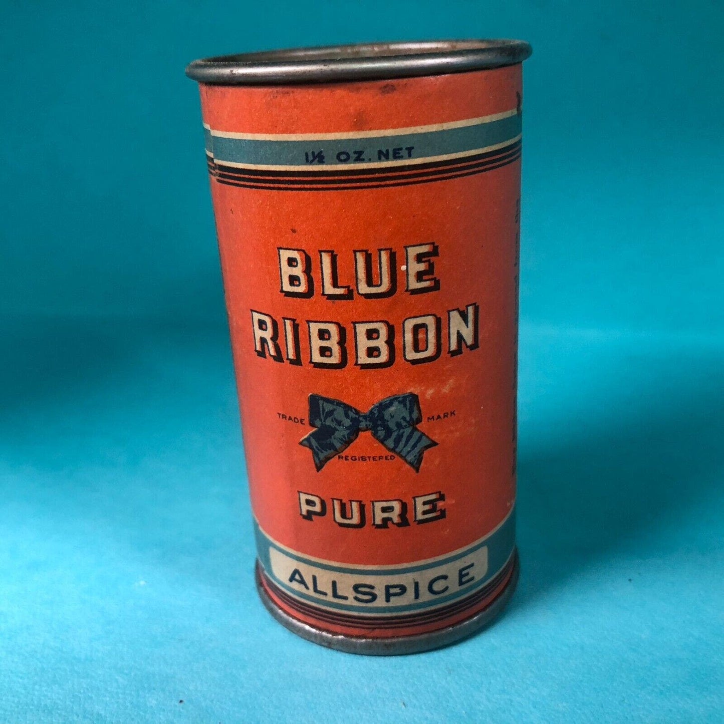 Blue Ribbon Allspice Tin Canadian 3 3/8"h Fiber Body c1920's-30's Scarce VGC