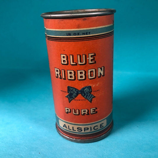 Blue Ribbon Allspice Tin Canadian 3 3/8"h Fiber Body c1920's-30's Scarce VGC