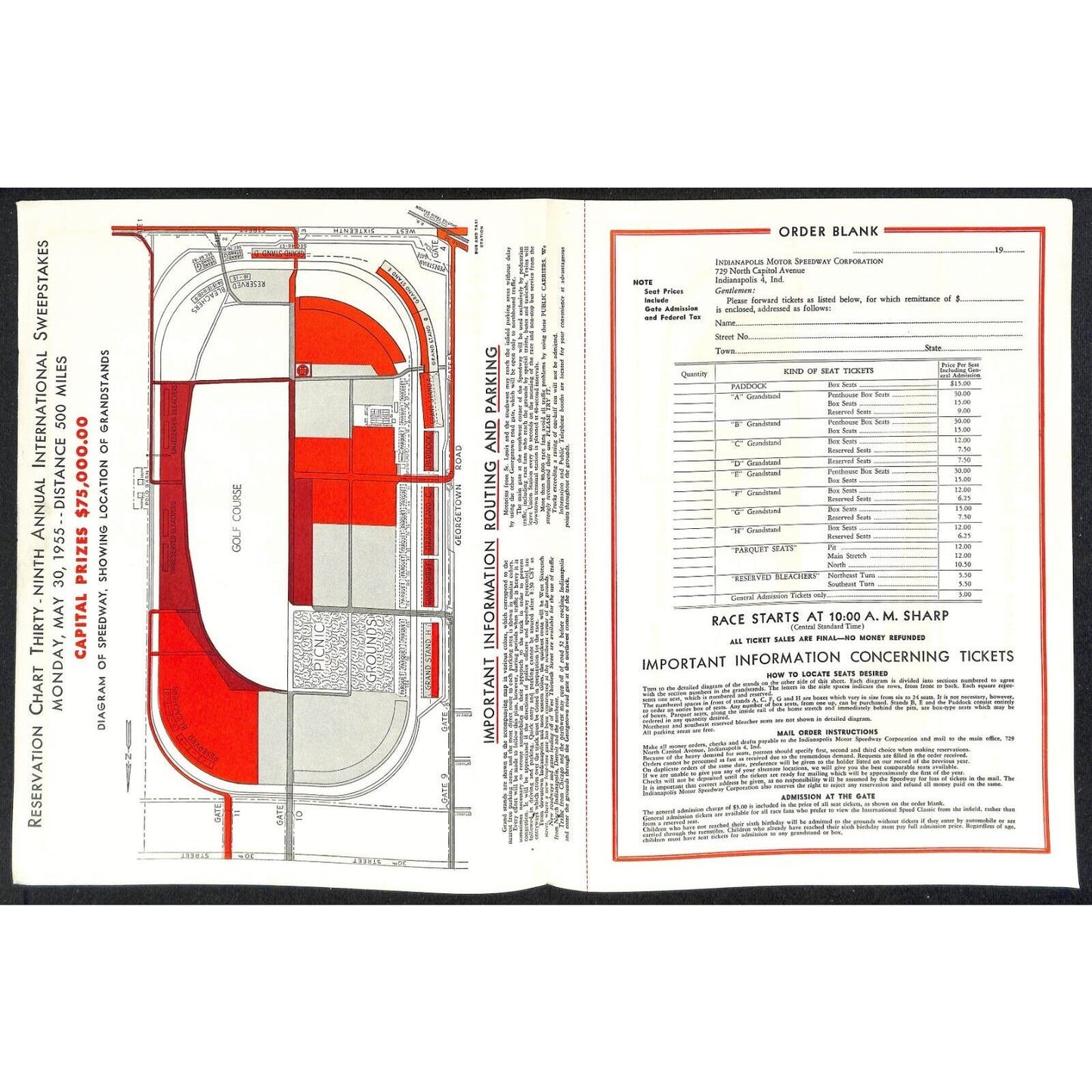 1955 Indy 500 Indianapolis IMS Unused Ticket Info Order Form Sheet w/ Map Scarce