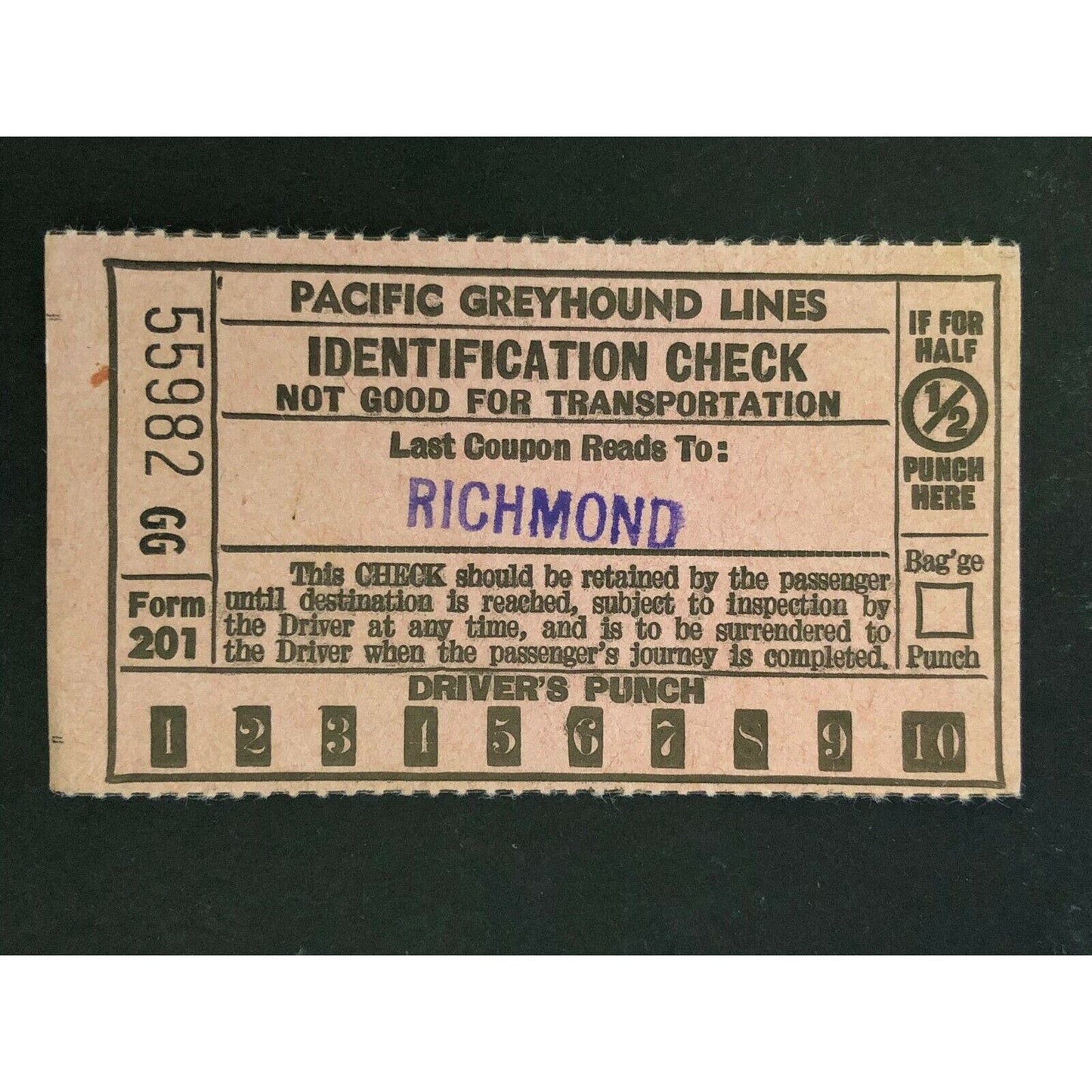 Pacific Greyhound Bus Lines I.D. Check / Ticket "Richmond" 55982 c1945-1955