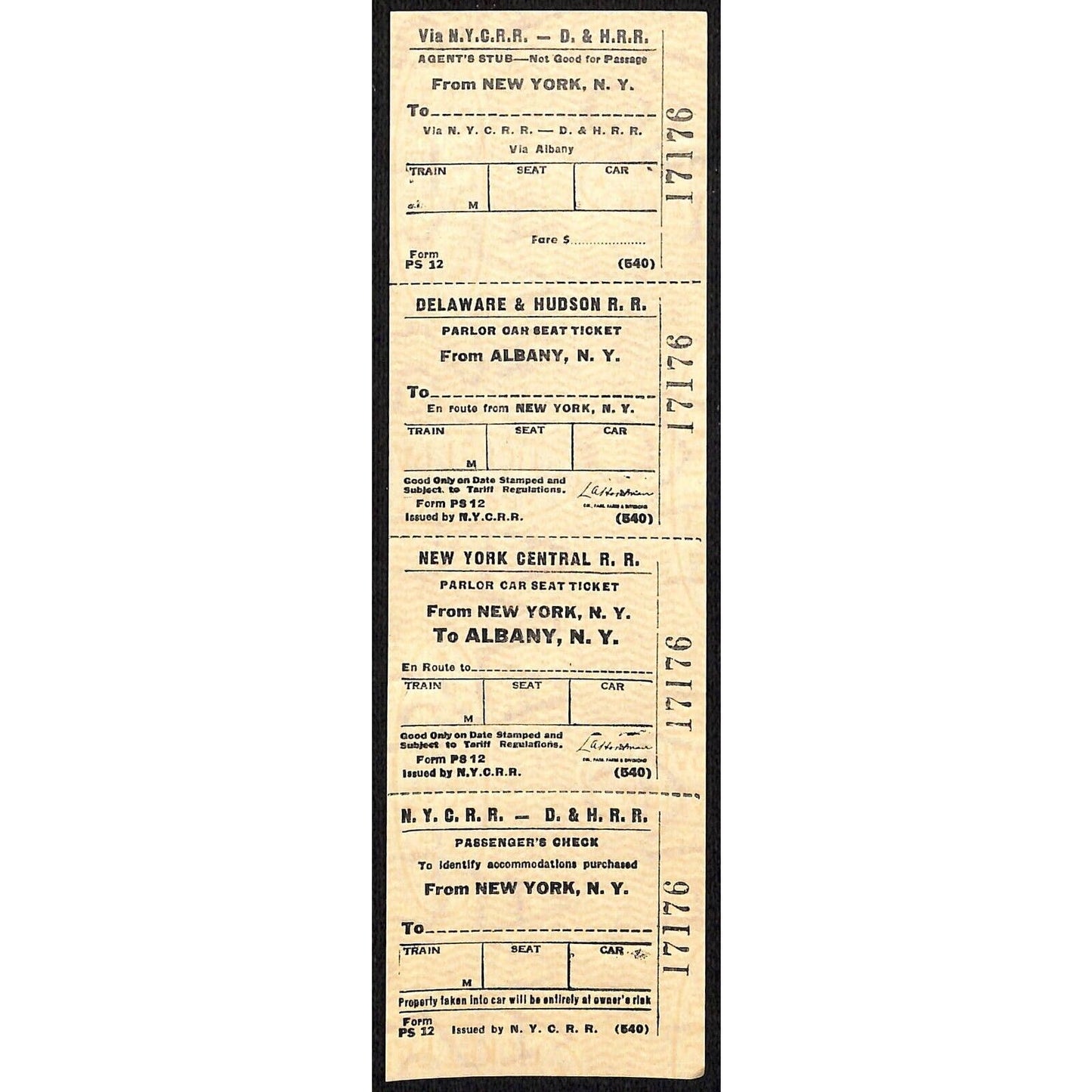 N.Y.C.R.R. - D. & H. R. R. New York / Albany SAMPLE Ticket c1960's Scarce #17176