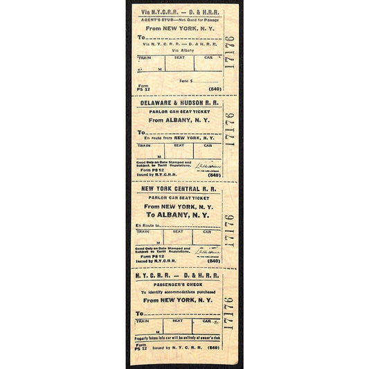 N.Y.C.R.R. - D. & H. R. R. New York / Albany SAMPLE Ticket c1960's Scarce #17176