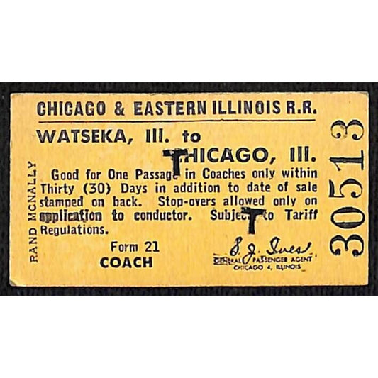 Illinois Central Railroad 1960 Ticket Watseka, IL to Chicago #30513