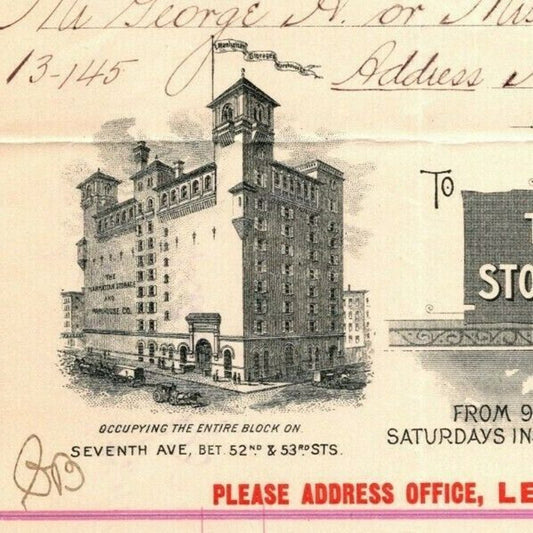 1895 Manhattan Storage Warehouse Co Crocker Bros Letterhead 52nd St 7th Ave NYC