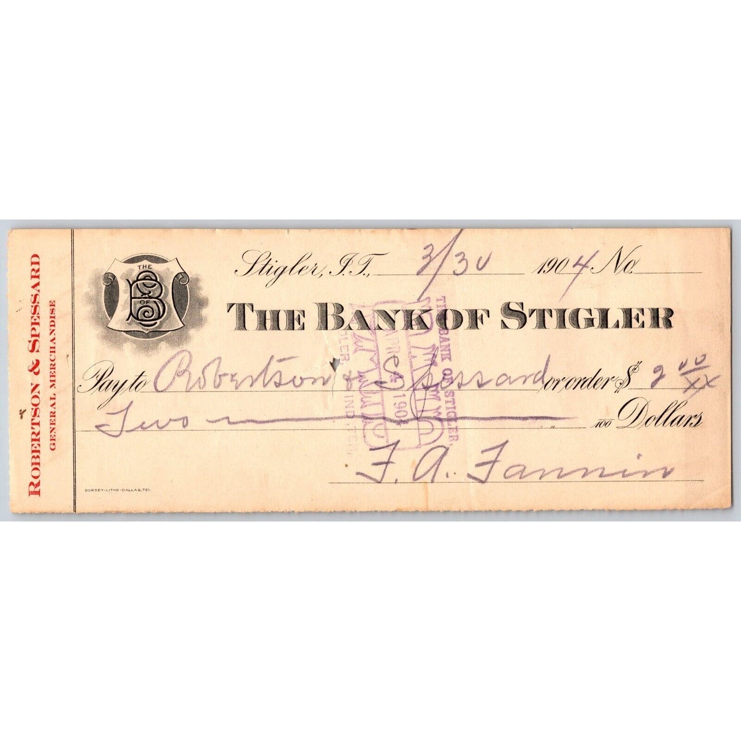 Stigler, Oklahoma Indian Territory 1904 Bank Check Robertson & Spessard Gen Mdse