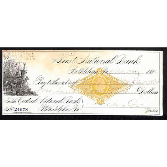 Bethlehem, PA 1876 First National Bank Check #24978 Vignette & Tax Stamp