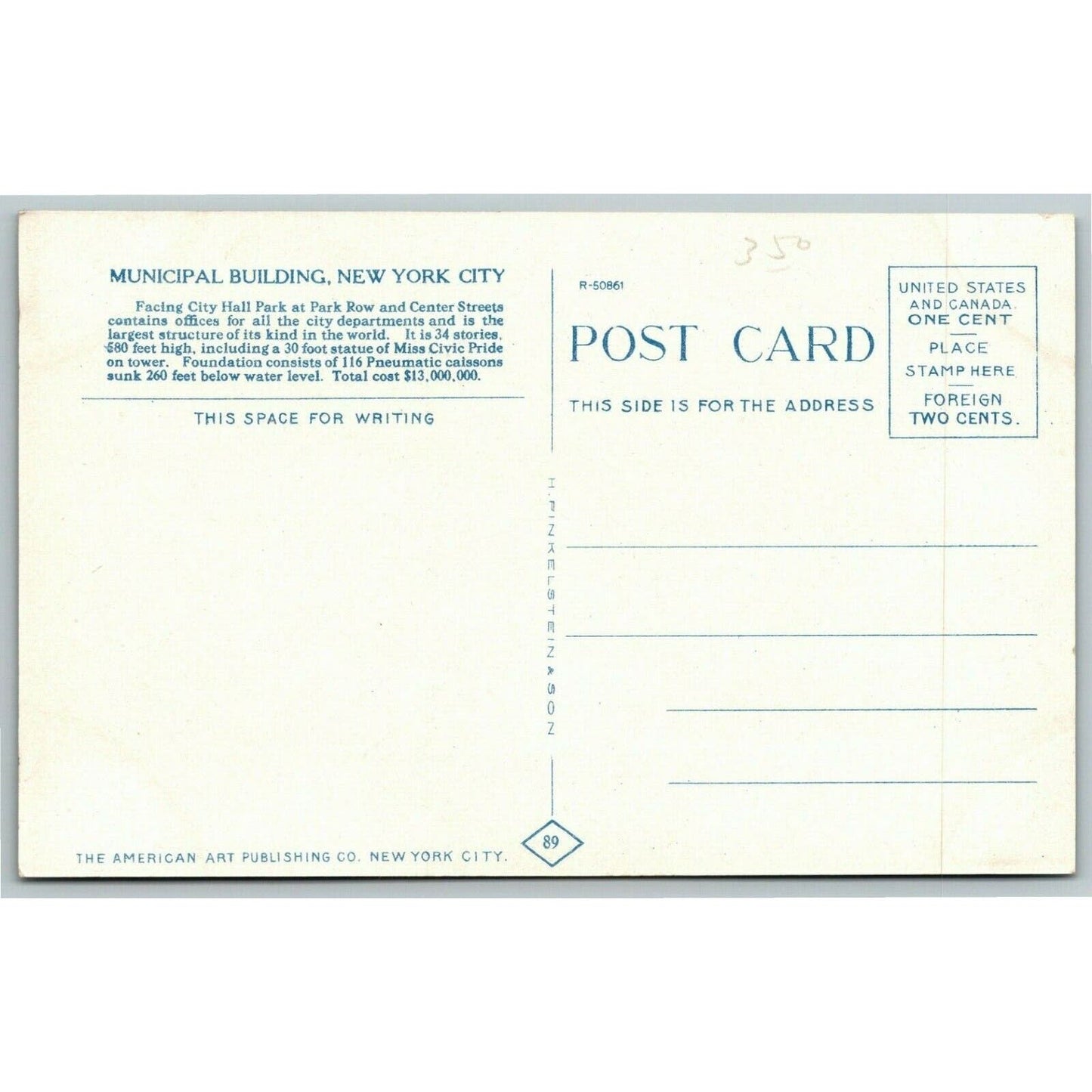 Vintage c1910 New York Post Card - "Municipal Building"