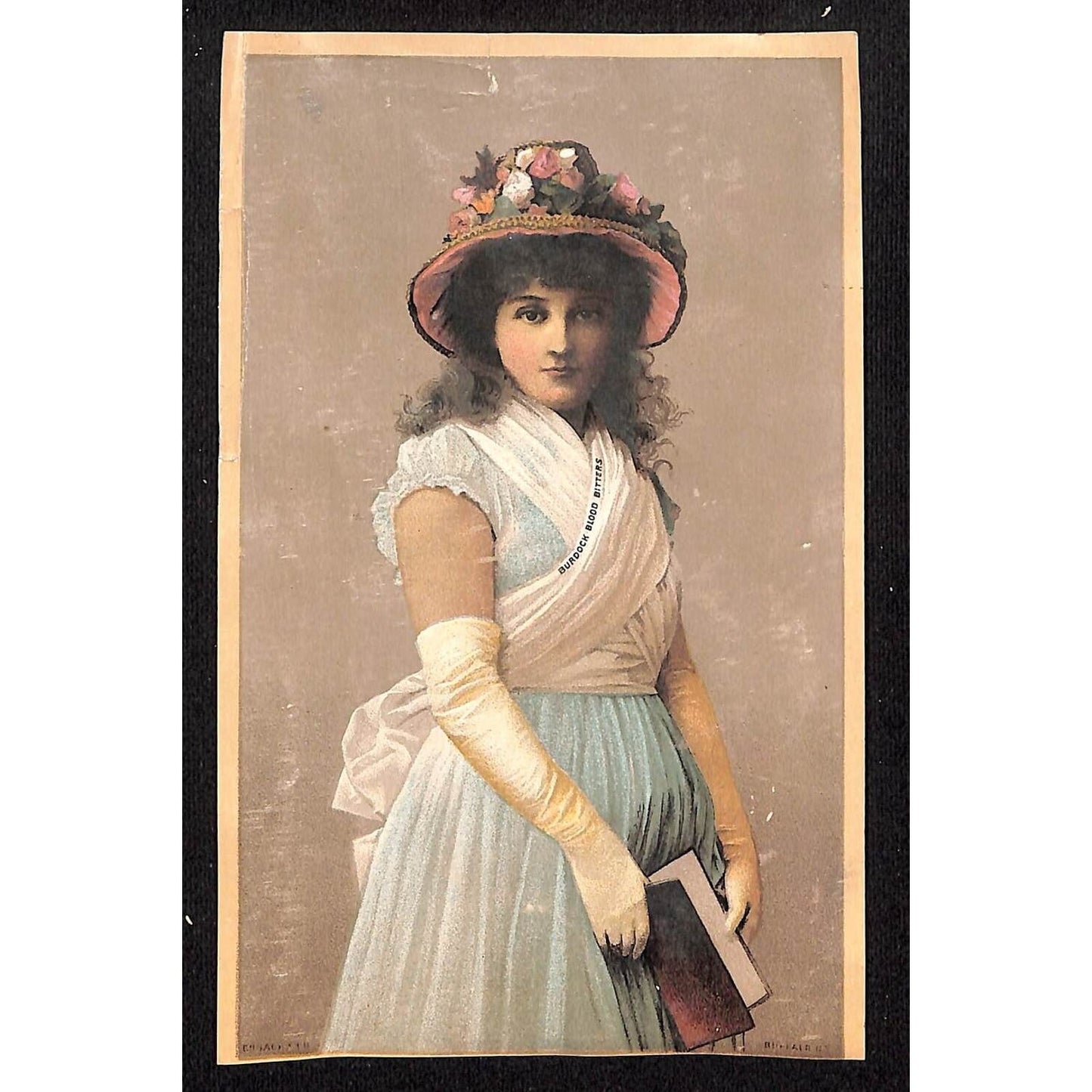 Demon Dyspepsia Burdock Blood Bitters Large Victorian Trade Card Girl w/Book Hat